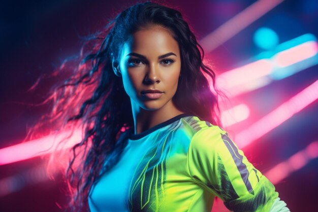 Portrait of a female soccer player on a dark background with red lights