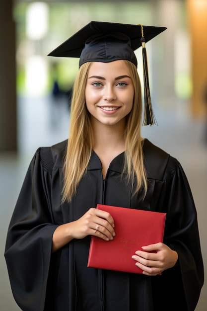 portrait of a female student holding her diploma on graduation day created with generative ai