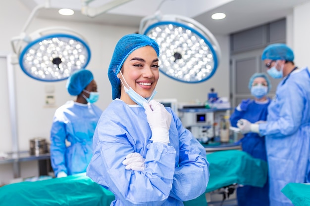 Portrait of female surgeon standing in operating room, ready to work on a patient