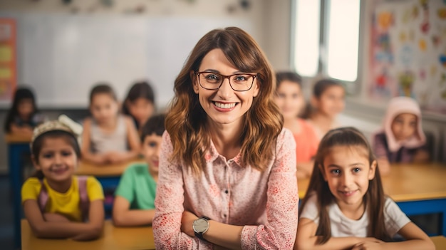 A portrait of a female teacher in a class with her students Generative AI