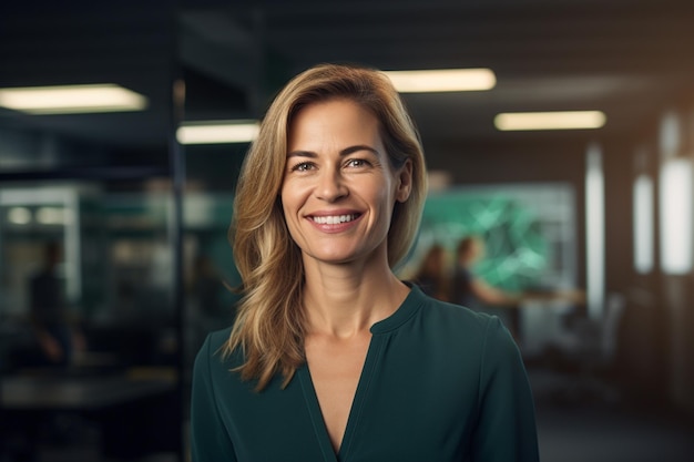 portrait of female teacher smiling in classroom bokeh style background