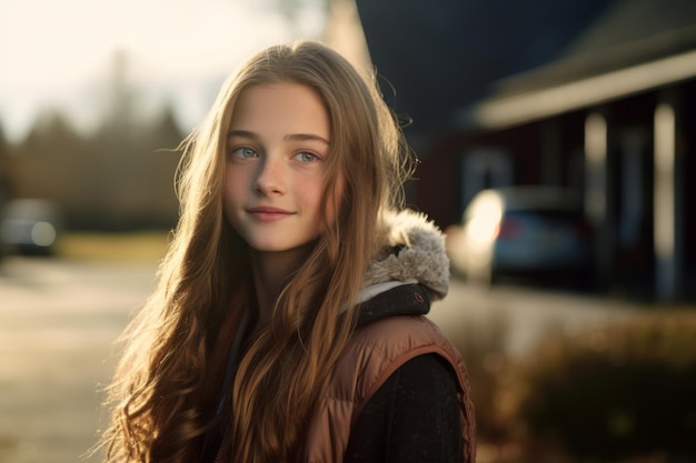 Portrait of female teen actress outdoors