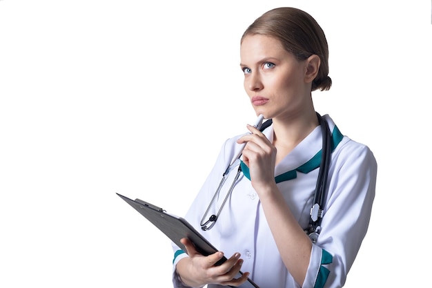 Portrait of female thinking doctor posing on white