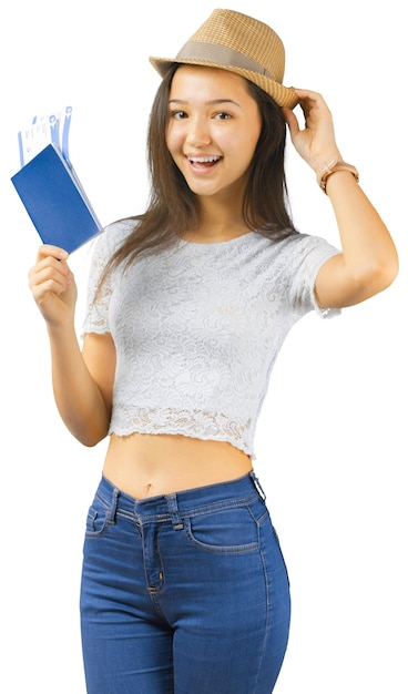 Portrait of female tourist handing airline ticket isolated on white