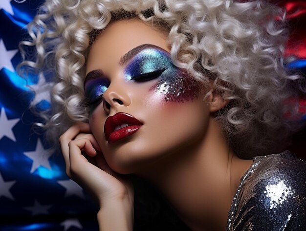 Portrait of a female USA soccer fan with national colours on her face