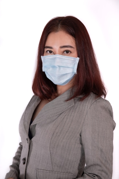 Portrait female ware surgical mask prevent virus covid19 add clipping path