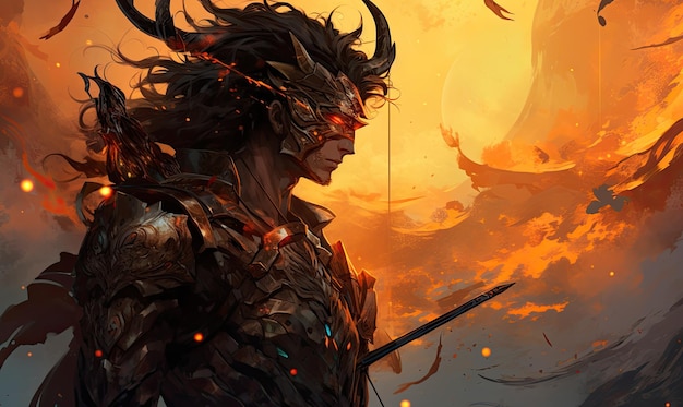 The portrait of the female warrior against a fiery backdrop exudes strength and determination designe