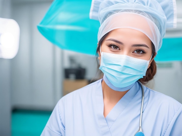 portrait of female woman nurse surgeon or staff member dressed in surgical scrubs gown mask