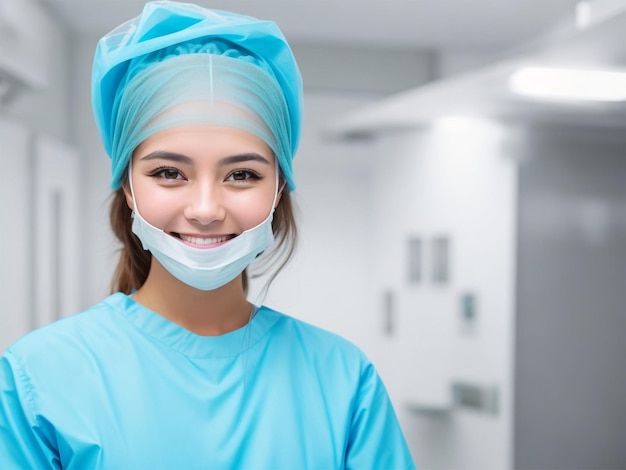 portrait of female woman nurse surgeon or staff member dressed in surgical scrubs gown mask