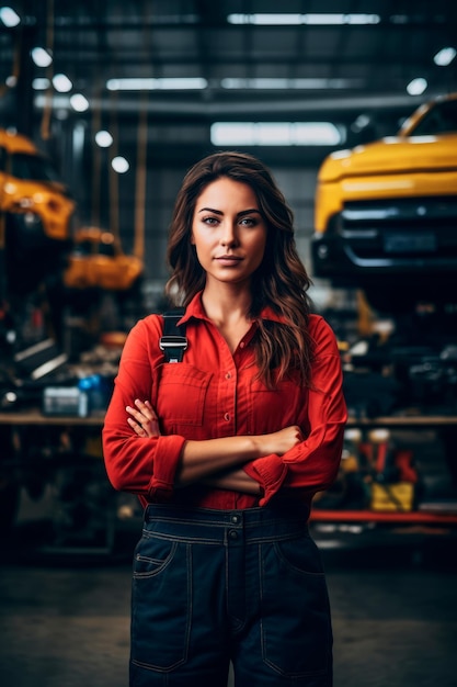 Portrait of a female workshop owner standing confidently in her garage AI generative