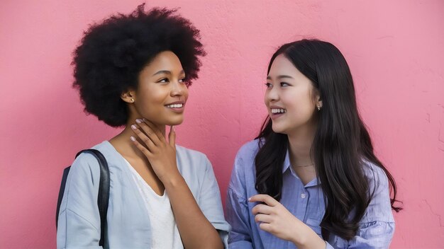 Portrait of feminine girl with pleasant smile gentle look touches neck has delighted face expres