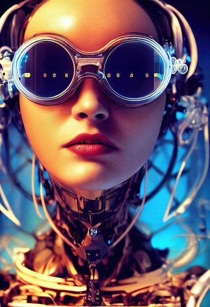 Portrait of a fictional beautiful cyberpunk fashionista wearing beautiful cyberpunk glasses