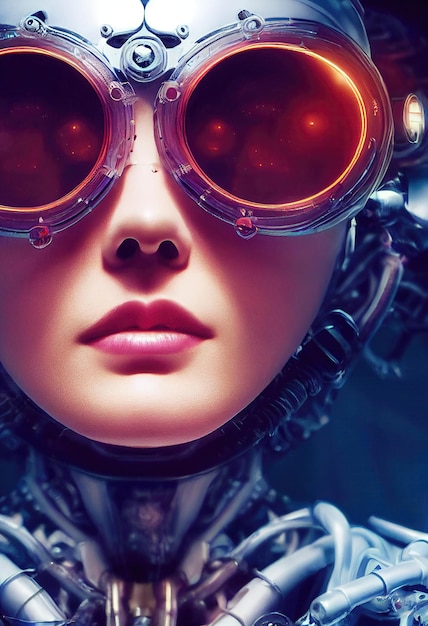 Portrait of a fictional beautiful cyberpunk fashionista wearing beautiful cyberpunk glasses