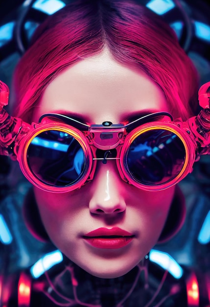 Portrait of a fictional beautiful cyberpunk fashionista wearing beautiful cyberpunk glasses