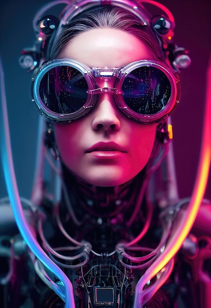 Photo portrait of a fictional beautiful cyberpunk fashionista wearing beautiful cyberpunk glasses