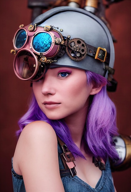Foto ritratto di una bella ragazza steampunk immaginaria con bei capelli e occhiali steampunk
