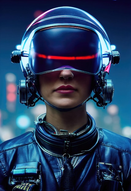 Portrait of a fictional futuristic female pilot in an aviation helmet and pilot's suit.