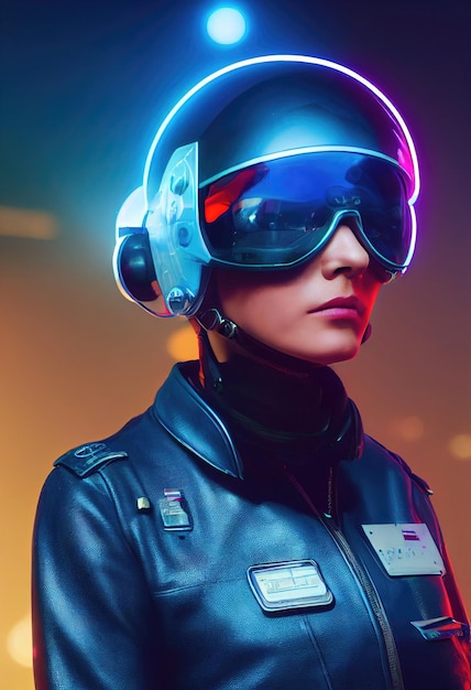 Portrait of a fictional futuristic female pilot in an aviation helmet and pilot's suit.