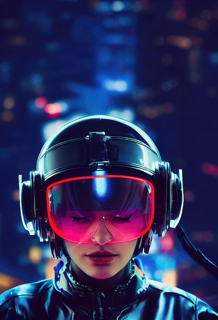 Portrait of a fictional futuristic female pilot in an aviation\
helmet and pilot\'s suit.