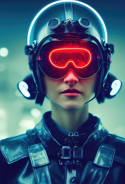 Portrait of a fictional futuristic female pilot in an aviation\
helmet and pilot\'s suit.