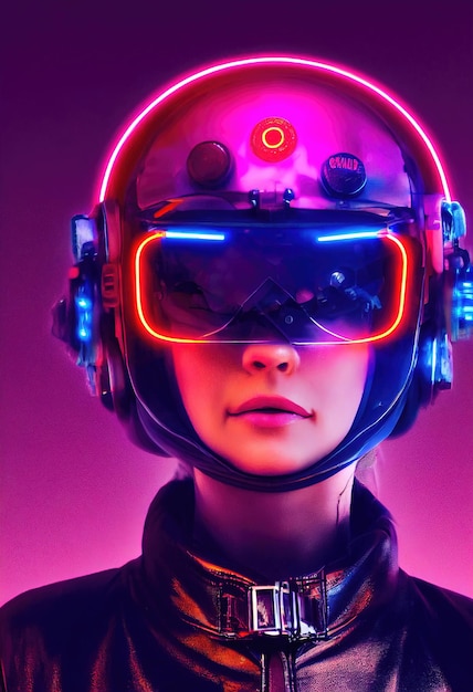 Portrait of a fictional futuristic female pilot in an aviation helmet and pilot's suit.