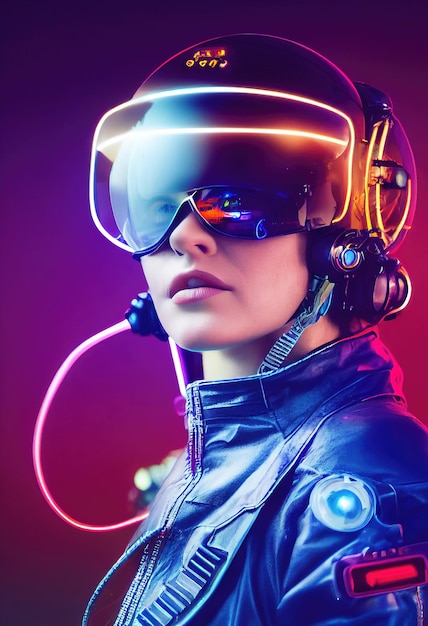 Portrait of a fictional futuristic female pilot in an aviation helmet and pilot's suit