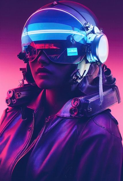 Portrait of a fictional futuristic female pilot in an aviation\
helmet and pilot\'s suit