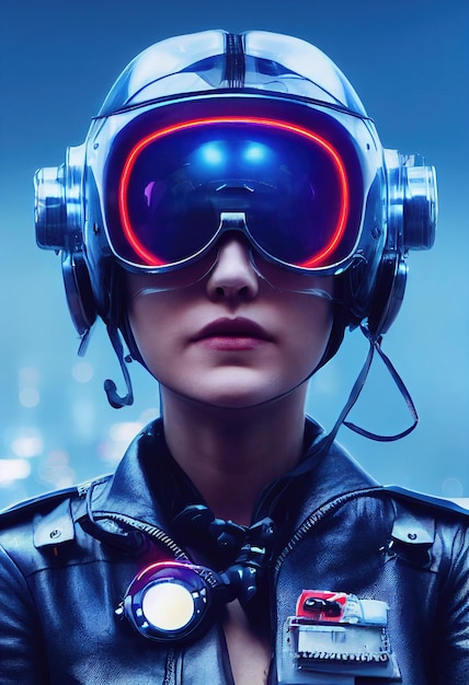 portrait of a fictional futuristic female pilot in an aviation helmet and pilot's suit