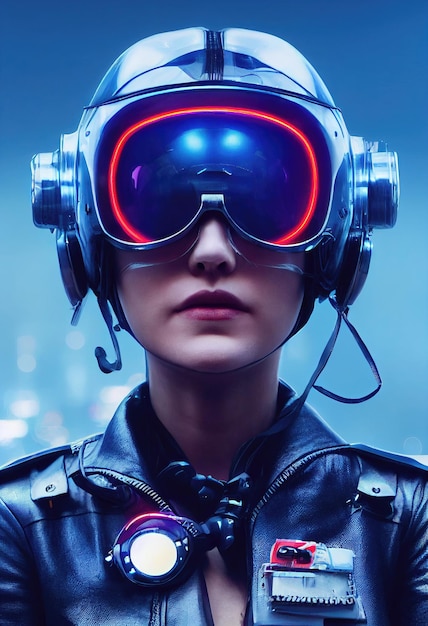 Portrait of a fictional futuristic female pilot in an aviation helmet and pilot's suit