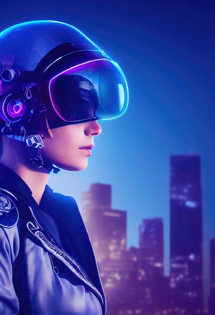 Portrait of a fictional futuristic female pilot in an aviation helmet and pilot's suit