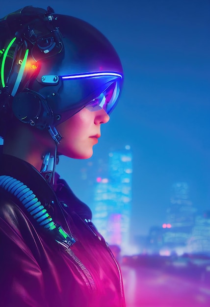 Portrait of a fictional futuristic female pilot in an aviation helmet and pilot's suit