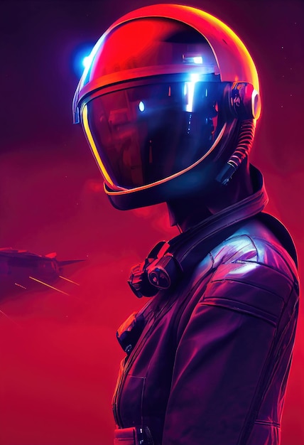 Portrait of a fictional futuristic pilot in an aviation helmet and pilot's suit