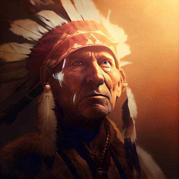 Portrait of a fictional Indian shaman from the Comanche Indian tribe An ancient Indian hunter