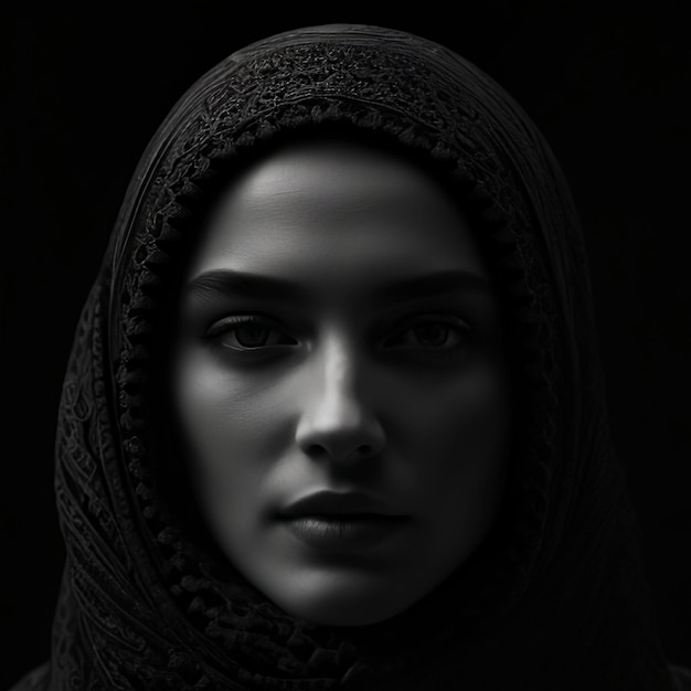 Portrait of a fictional young woman with a covered head Black and white monochrome