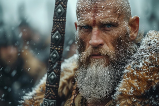 Portrait of a Fierce Old Viking with a Sword extreme closeup Generative AI