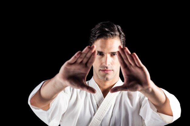 Photo portrait of fighter performing karate stance