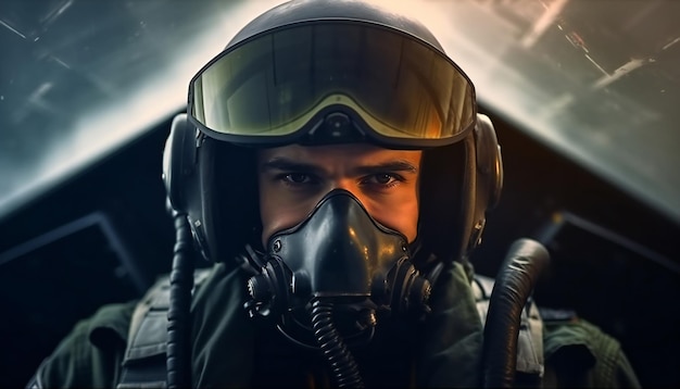 Portrait of a fighter pilot in a helmet in the cockpit