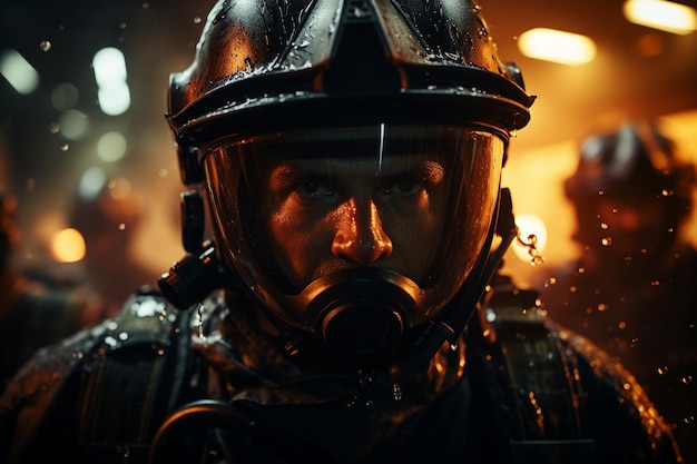 Portrait of a firefighter in action with fire in the background generative ai