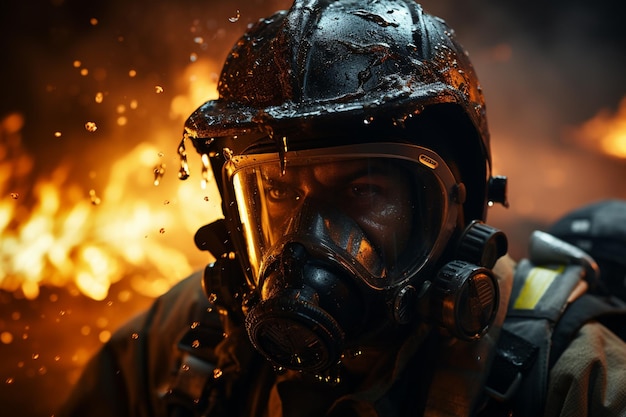 Portrait of a firefighter in action with fire in the background generative ai