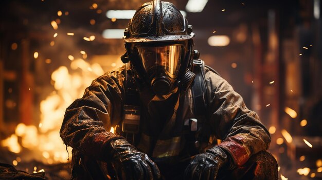 Portrait of a firefighter in the night