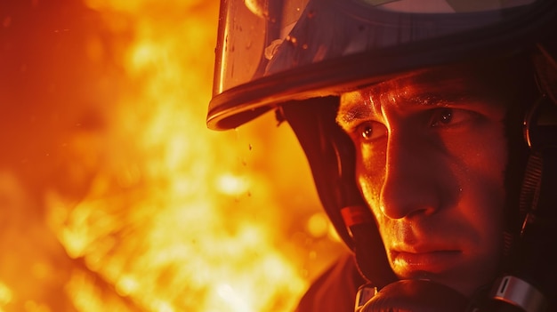 Portrait of a firefighter in a protective helmet and uniform on fire