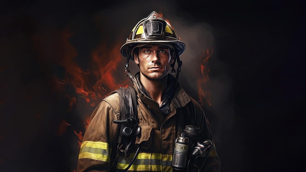 Portrait of a firefighter in uniform A firefighter stands in the smoke and gentle fire Black backg