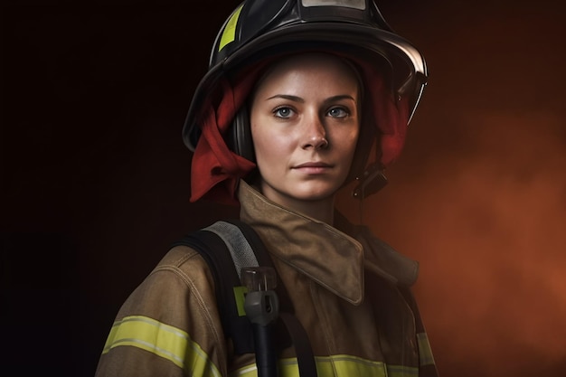 Photo portrait of a firefighter in uniform and helmet on dark background