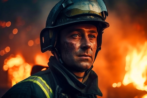 Portrait of a firefighter who saves the forest from an uncontrolled wildfireGenerative AI illustration