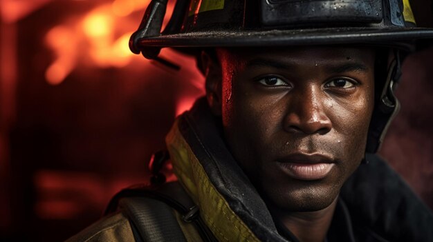 Portrait of firefighter with fire background search and rescue safety concept