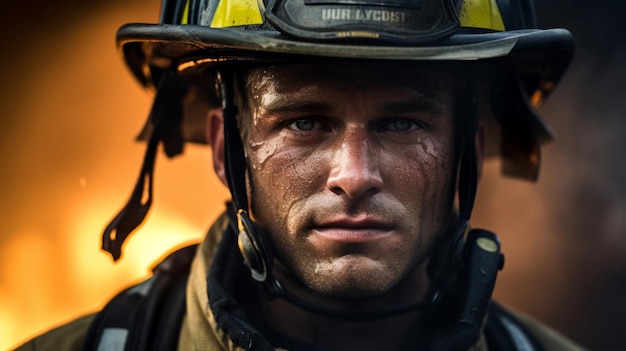 Portrait of firefighter with fire background search and rescue safety concept