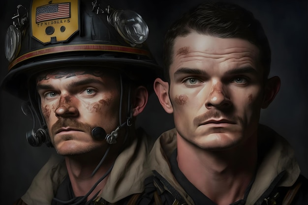 Portrait of firefighters dirty faces in special helmets and firefighters uniforms Neural network generated art