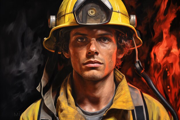 Photo portrait of a fireman in a protective helmet and uniform