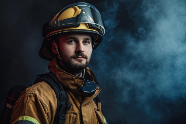 Photo portrait of fireman standing confident wearing firefighter turnouts and helmet on a dark background and smoke