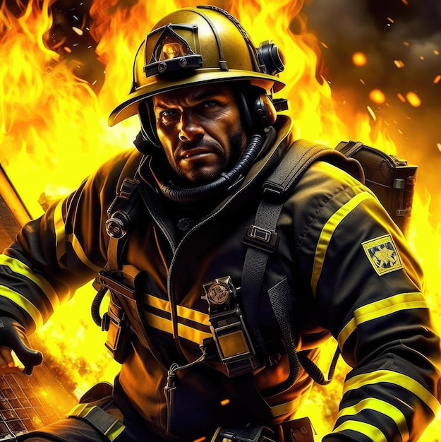 Portrait of fireman in uniform firefighter in action